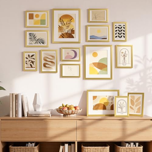 HappyHapi 15 Pack Gold Picture Frames Collage Wall Decor, Gallery Wall Frame Set for Mounting & Tabletop Display, Multi Si...