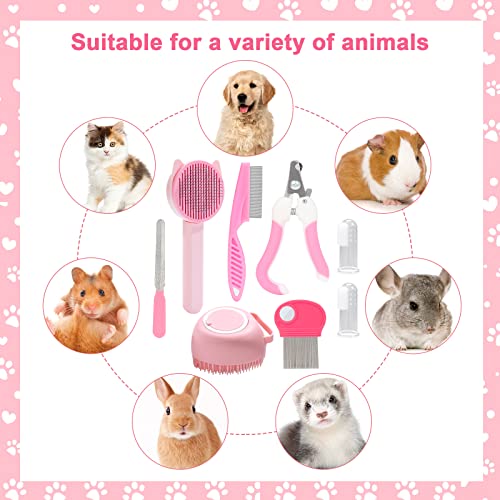 VCZONE 8 Pcs Cat Brush Grooming Kits, Pet Self Cleaning Kit with Pet Nail Clipper and File, Flea Comb, Pet Shampoo Bath Br...