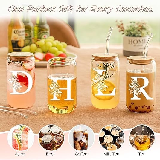 Custom Cups for Women – 16oz Monogrammed Glass Tumbler with Lid & Straw–Personalized Cups with Names, Personalized Birthda...