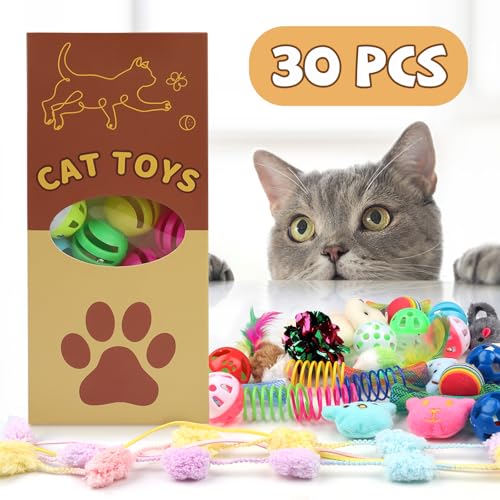 QUOZUO 30 Pcs Cat Toy Kitten Toys Set, Interactive Cat Toy Wand Cat Springs Ball Toy with Bells, Cat Toys for Bored Indoor...
