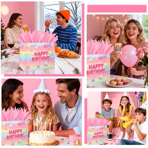 Vodolo 13” Happy Birthday Gift Bags with Tissue Paper Wrapping Paper and Card,Pink Gift Wrap Bags with handles for Women,G...