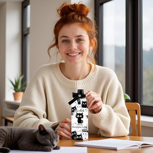 WWHSAI Cat Lover Gifts, Everything Is Fine I'm Fine Black Cats Water Bottle Travel Tumbler 32Oz, Christmas Birthday Gift f...