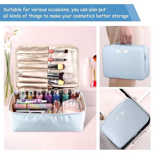 Travel Makeup Bag with Brush Holder and Compartments, Cosmetic Organizer Case for Skincare, Toiletries (Blue)