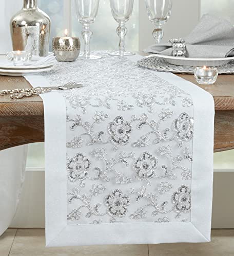 SARO LIFESTYLE Floral Embroidered Table Runner, White, 16"x90"