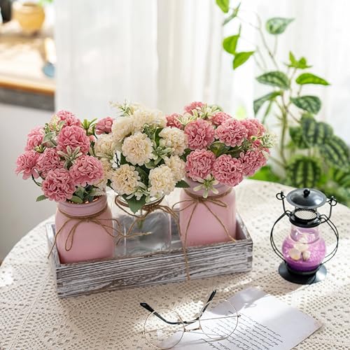 LUEUR 3PCS Artificial Hydrangea Flowers in Mason Jars with Wood Tray for Dining Table Coffee Table Farmhouse Home Decor Ce...