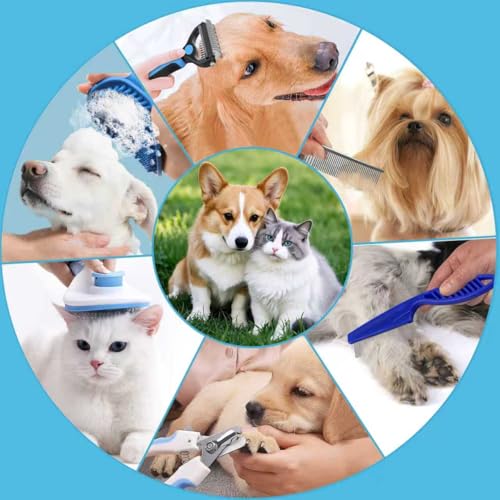 7PCS Dog Grooming Brush Kit for Shedding and Matted Fur, Self-Cleaning Slicker Brush with Undercoat Rake, Flea Comb for Lo...