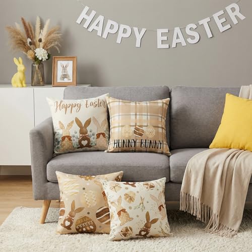 Ovveroche Farmhouse Throw Pillow Covers 18x18 Inch, 4 Pack Linen Textured Rabbit Pillow Covers, Rustic Linen Cushion Case ...