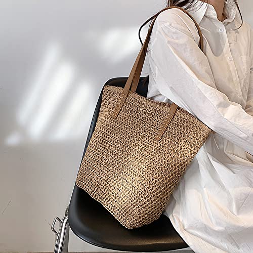 Kehpish Large Straw Shoulder Bag Summer Beach Bag for Women Straw Tote Bag Handbag With Zipper Summer Shoulder Bag