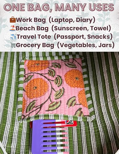 Third Eye Export 100% Cotton Quilted Tote Bag For Women 18x16– Large Zipper Reusable Beach Bag & Travel Bag Purse