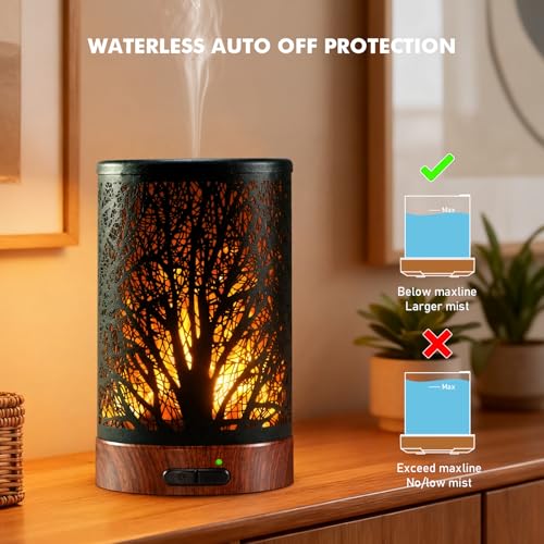 Aromatherapy Essential Oil Diffuser for Home - 100ml Black Ultrasonic Diffuser with Dynamic Flame Light, Metal Cool Mist A...