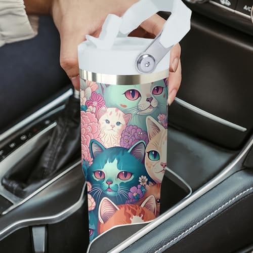 Xchearser Tumbler with Handle and Flip Straw for Women Men, 30oz Cute Cat Stainless Steel Insulated Cup, Water Bottle Trav...