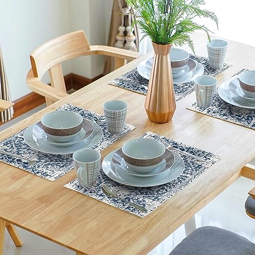 Navy Blue Gray Boho Placemats Set of 6 Ethnic Bohemian Carpet Place Mats Washable Kitchen Dining Vintage Grey Geography Fl...
