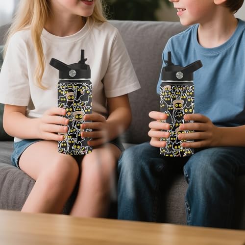 FAIVHSO Cat Gifts for Boys Girls, 16 oz Water Bottle with Straw Lid, Stainless Steel Insulated Tumbler, Cute Cats Water Bo...