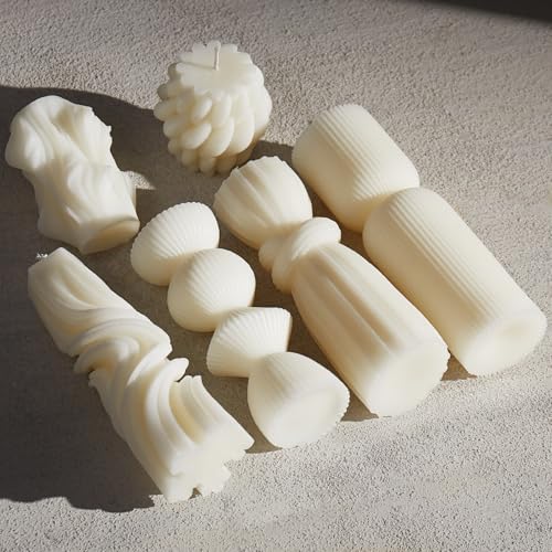 6 Pcs Small Handmade Ribbed Pillar Candle Set, Soy Wax Modern Home Decor for Living Room Bedroom, Aesthetic Table & Shelf ...