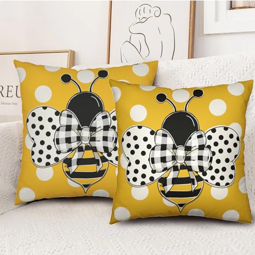 Wnoesat Summer Pillowcase 16x16 Set of 2 Yellow Honey Bee Polka Dots Holiday Throw Pillow Covers Bumblebee Outdoor Decorat...