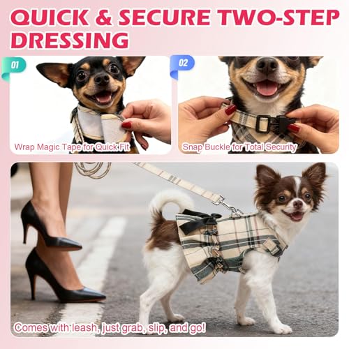 EXPAWLORER Dog Harness Small Medium Sized Dogs, Plaid Dog Dress Bowknot Harness and Leash Set, No Choke No Pull Soft Mesh ...