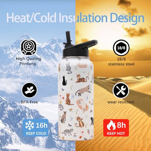 Insulated Water Bottle 32 oz, Cat Water Bottle with Straw and Lid, Reusable Leakproof Water Bottle Stainless Steel, Cat Lo...