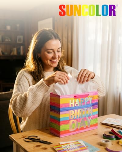 SUNCOLOR Large Happy Birthday Gift Bag with Tissue Paper & Card, 13 x 10.2 x 4.7 Inches Premium Paper Bag for Birthday, Ki...