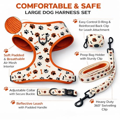 No Pull Dog Harness Set 4PCS – Adjustable Soft Vest Harness with Leash, Collar & Poop Bag Dispenser – Durable & Comfortabl...