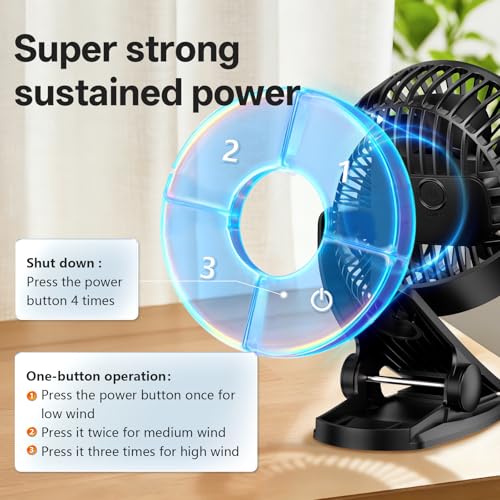 AMORMIYA Portable Clip on Fan, 4000mAh Battery Operated Fan, Max 4.5m/s Strong Airflow, 20H Runtime, Quiet 3 Speed USB Rec...