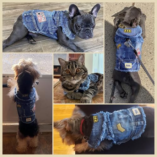 DOGGYZSTYLE Cool Dog Jean Jacket Small Puppy Outfits Frenchie Clothes Denim Coats for Small Medium Dogs Cats Boys Girls Pe...