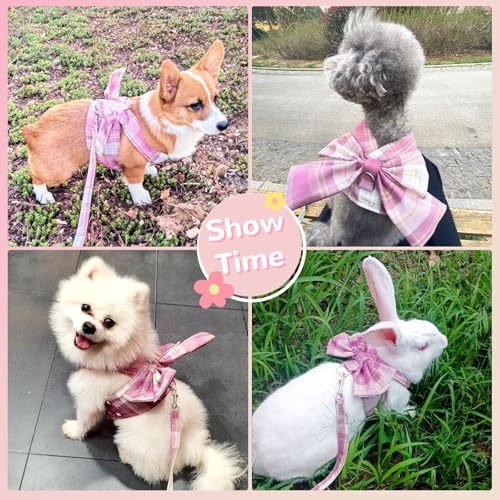 UETZLTB Cute Dog Harness and Leash Set with Bow Tie Soft Mesh Plaid Girl Puppy Harness No Pull Pet Cat Dog Vest Harness fo...