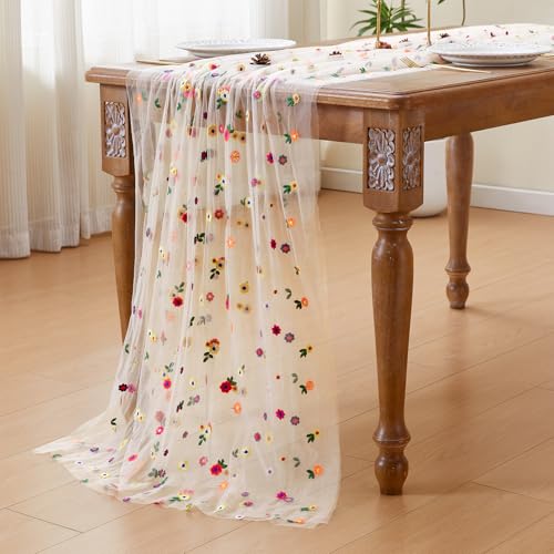 JIALE Champagne Floral Table Runner, Embroidery Daisy Seasonal Table Decorations, 120Inch 10FT 1PC Gold Tulle Fabric for H...