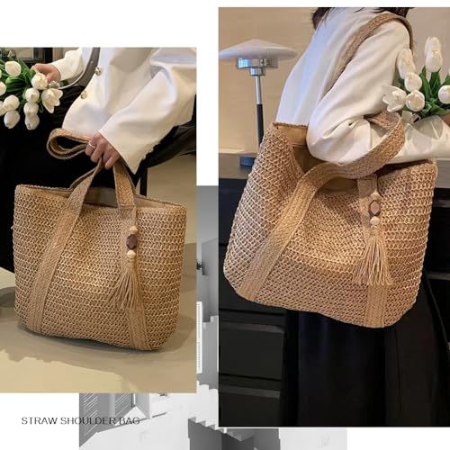 YAVCOOL Straw Beach Bags for Women Woven Beach Tote Bag Casual Boho Large Shoulder Handbags Purse for Vacation Holiday