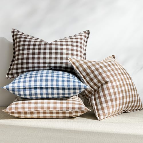 KINDREX Farmhouse Gingham Throw Pillow Covers 18x18 Set of 2, Small Checkered Linen-Textured Cushion Covers with Flanged E...