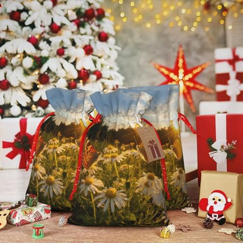 LHBZXMKJ Butterfly On Daisy Print Drawstring Present Bags Christmas gifts Wrapping Sacks Pouches for Xmas Party 