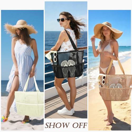 GYEUKHAM Mesh Beach Tote Bag for Women, Large Pool Bag with Water-Resistant Bottom for Cruise Travel
