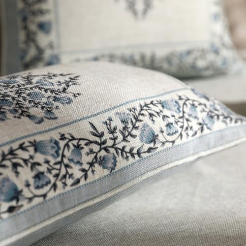 ISAENNE Design Linen Square Throw Pillow Covers 18"x18" Pack of 2, Cottage Farmhouse Cushion Covers with Thorn Vine Patter...