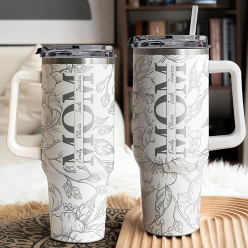 Pandzee Personalized Engraved 40oz Tumbler, Custom Kids' Names Tumbler, Floral Mom Mother's Day Gifts, Gift for Grandma Gr...