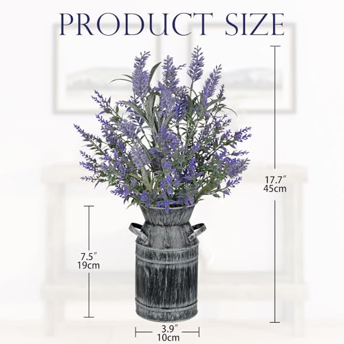 Artificial Lavender Flowers with Rustic Metal Vase 17 Inch Faux Lavender Plant Arrangement in Galvanized Planter Vintage F...