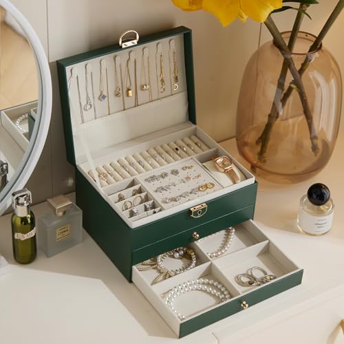XRXYX 3 Layer Jewelry Box with Lock, Women Large Jewelry Holder Organizer with Drawer for Necklaces, Rings, Bracelets, Ear...