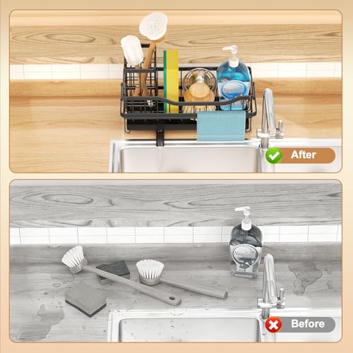 GUUKAR Sponge Holder for Kitchen Sink, Self-draining Sink Organizer with Towel Rack and Brush Holder, Metal Kitchen Sink O...