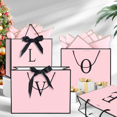 QLSKO Personalized Initial Paper Bag for Women Grils,Monogrammed Gift Bag with Bow Ribbon,Wrapping Tissue and Card Matchin...