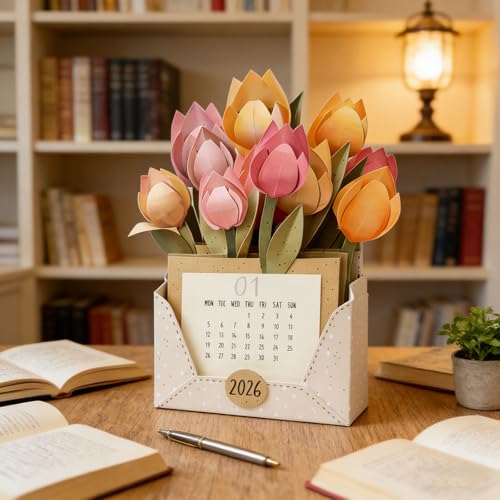 2026 Tulip Emotional Support Calendar, Blooming Paper Flower Calendar, DIY Handmade Paper Flower Envelope Basket Calendar...