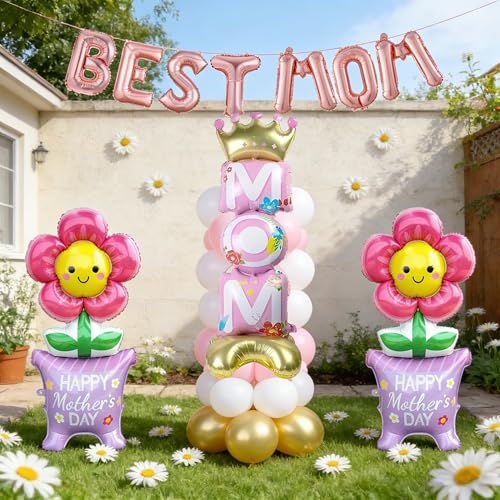 11Pcs Happy Mother's Day Balloons Set, 16Inch and 60Inch BEST MOM Large Standing Flower Foil Balloons for Mothers Day Cele...