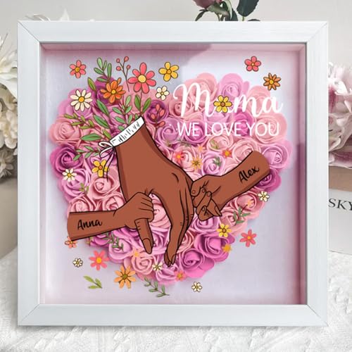 Personalized Mom Flower Shadow Box with Hands & Kids Names, - Customized Rose Frame Gift for Mom Grandma, Unique Mother's ...