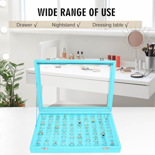 Siveit Velvet Ring Display Tray Organizer Box with Transparent Lid, 100 Slot Ring Holder Showcase For Store Display Jewelr...