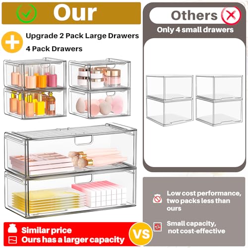 caktraie Acrylic Storage Drawers Set of 6, Clear Makeup Organizer, Plastic Organizer Bins for Beauty Supplies,Ideal for Va...