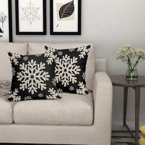 Sivirary Black Christmas Pillow Covers 18x18 Inch Set of 2, Xmas Snowflakes Rustic Winter Themed Decorative Throw Pillow C...