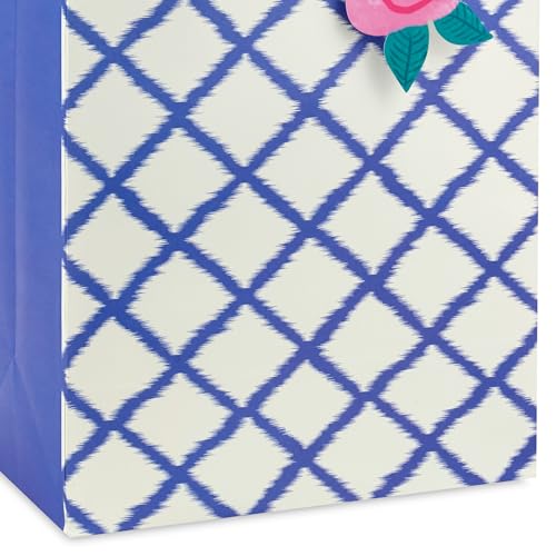 Hallmark 13" Large Gift Bag with Tissue Paper and Gift Tag (Pink Flower on Blue Plaid) for Valentine's Day, Mother's Day, ...