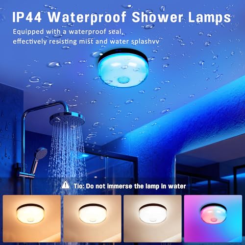 Loscarol Rechargeable Shower Lights with Remote, 15 RGBW Color Changeable Shower Lamp Waterproof, Dimmable &Timer Ceiling ...