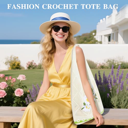 Topdear Crochet Tote Bag for Women, Aesthetic Crochet Mesh Beach Tote Bag, Summer Vacation Knitted Bag for Women Shoulder