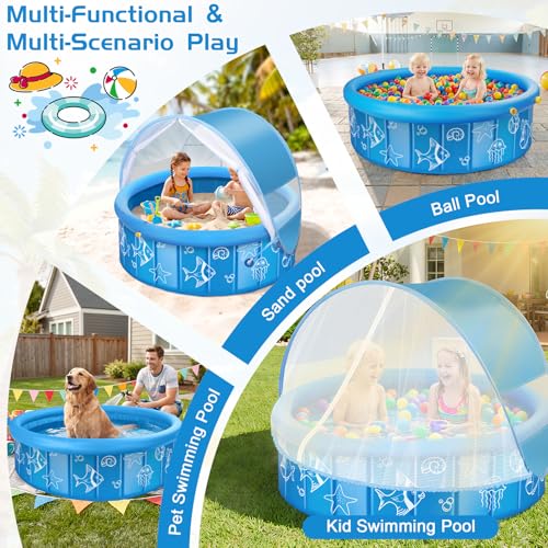 Upgraded Baby Pool with Canopy Sprinkler, 47in Foldable Kiddie Pool with Pop Up Mosquito Net, Baby Beach Tent with Sun Sha...