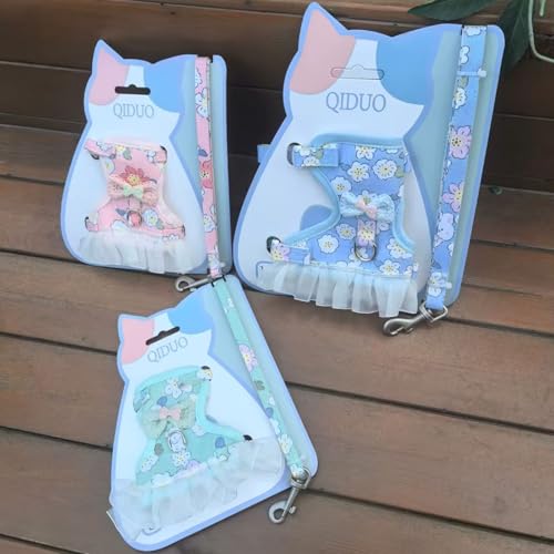 Cat Harness and Leash Set, Sweet Floral Kitten Collar, Escape Proof Small Dog Harness with Organza Ruffles, Cute Blue Dog ...