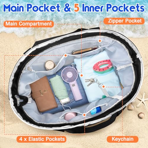 BKNOOU Extra Large Beach Bags Waterproof Sandproof XL Beach Tote Bag for Women Zipper Foldable Swim Pool Bag with Wet Pocket
