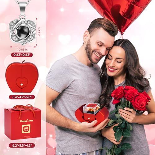 Preserved Real Red Rose Necklace Set with Light Up Box & 100 Languages I Love You Necklace,Mothers Day Rose Gifts for Mom,...